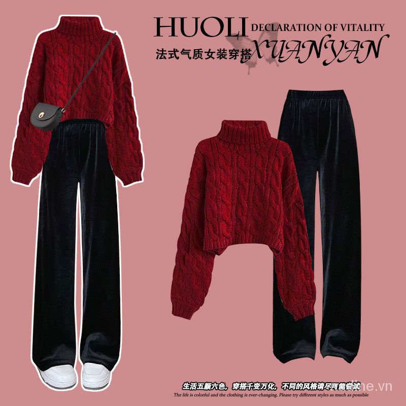 Bộ Áo sweater Đỏ Dáng Rộng + Quần Ôm Phong Cách Trung Hoa Mừng Năm Mới 2023