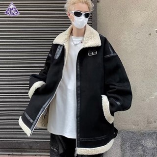 Áo khoác VUNC da lộn đệm lông cừu dày dặn cổ đứng phong cách đường phố Mỹ cho nam