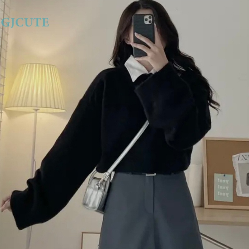 Gjcute Áo Sweater Dệt Kim Chui Đầu Dáng Rộng Ngắn Màu Trơn Thời Trang Thu Đông Cho Nữ
