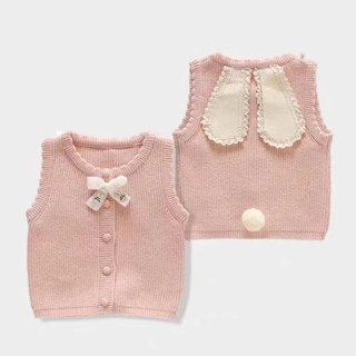 Áo Len Bé Gái Vest Tai Thỏ Màu Hồng Dệt Kim Xuân Thu Phong Cách Mới Chui Đầu Không Tay Ngoài