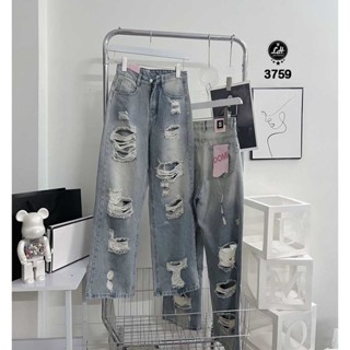  Quần jean ống rộng nữ màu xanh siêu rách xuyên ống te tua Kim Anh Jeans MS 3759 