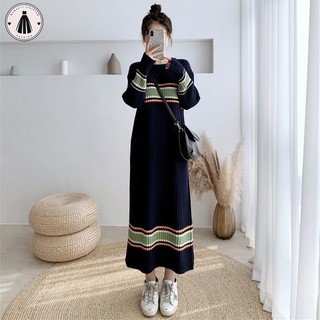 Hormoo Váy sọc lười biếng cổ tròn váy dệt kim mỏng