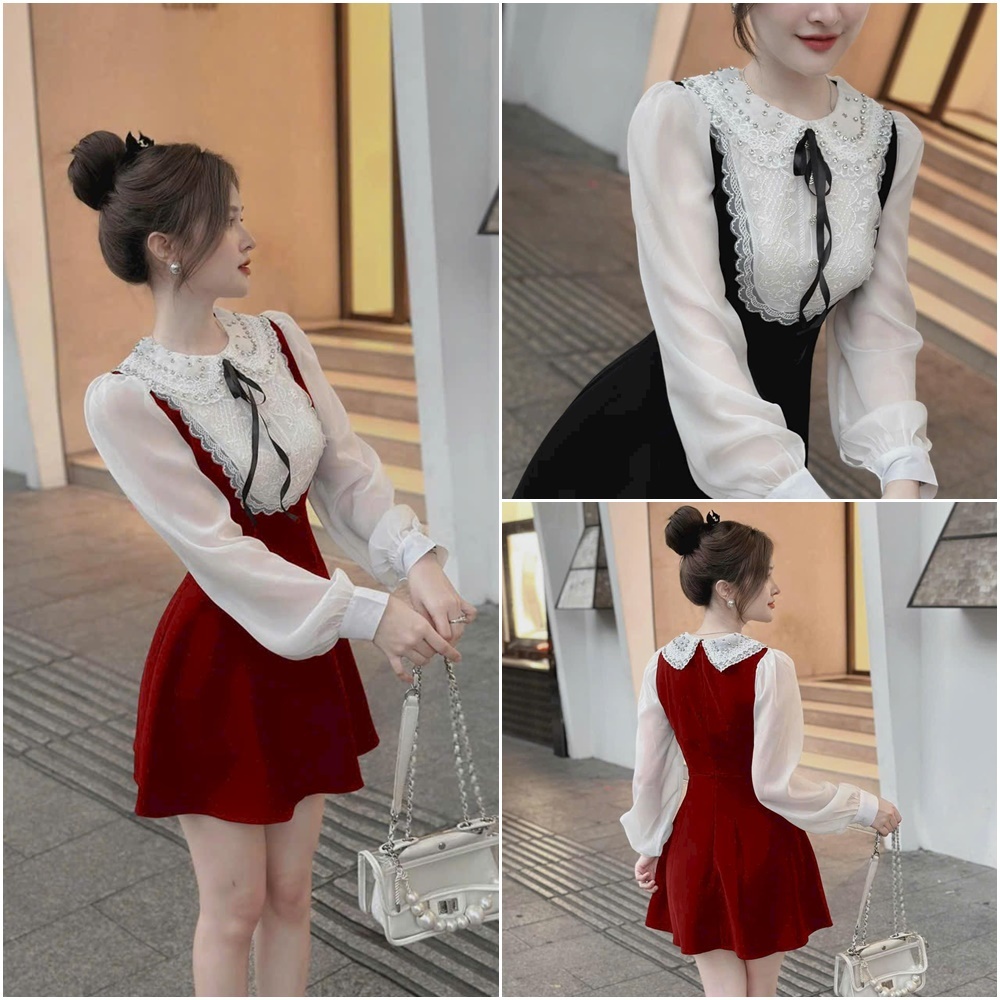 Đầm nhung phối tay voan cổ ren đính đá( có lót quần trong)NHƯ Ý