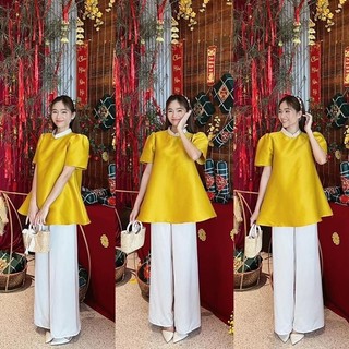 M767 - Set áo cách tân lụa phối cổ kèm quần suông