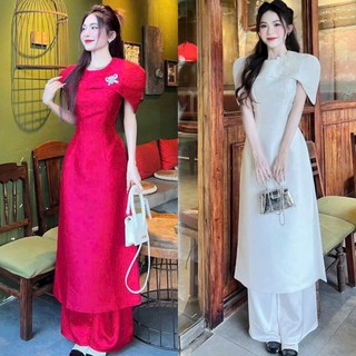 Set Áo dài Kiểu tay Phồng Cổ Tròn Đính Phụ Kiện Phối Quần dài Ống Rộng Vải Tapta Cực Kì Sang Chảnh , Đi Chơi , Đi Tiệc