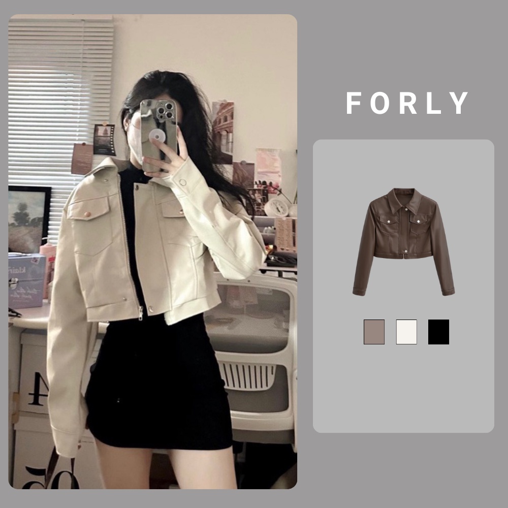 Áo khoác da Forlyoffical áo da phối khóa kiểu dáng croptop cá tính phong cách Hàn Quốc T012