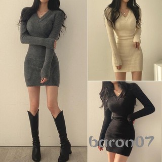 Phụ Nữ Dệt Kim Mini Bodycon Đầm Màu Trơn Cổ Chữ V Tay Dài Bọc Hông Đầm Thu Đông Áo Len Đầm