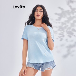 Áo thun Lovito thêu hoa thường ngày cho nữ LBE03019 (Màu xanh dương)