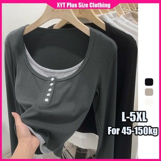 Áo Thun Tay Dài Giả Hai Mảnh Size L-5XL Thời Trang Mùa Thu Cho Nữ 45-150kg