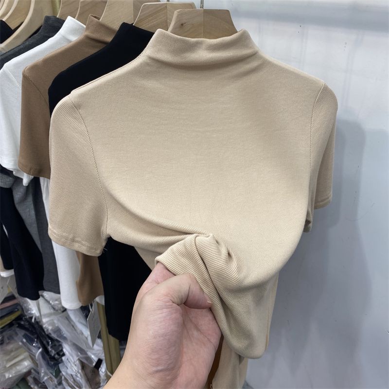 Bh Áo Thun cotton Ngắn Tay Cổ Cao Màu Trơn Dáng Ôm Cho Nữ