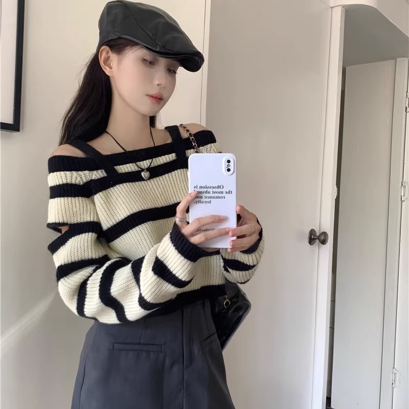 Áo sweater Dệt Kim Trễ Vai Thời Trang Thu Đông Kiểu Dáng Mới Quyến Rũ