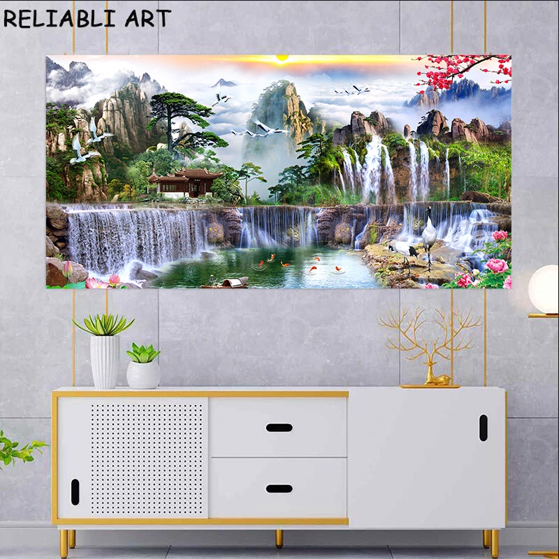 Tranh Sơn Dầu Không Khung Hình Phong Cảnh Thác Nước Và Núi Non Trên Thác Nước Kiểu Trung Hoa Trang Trí Phòng Khách