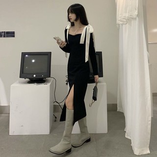 Cozok Đầm Dài Tay Cổ Vuông Xẻ Tà Ôm Dáng Thời Trang Cho Nữ