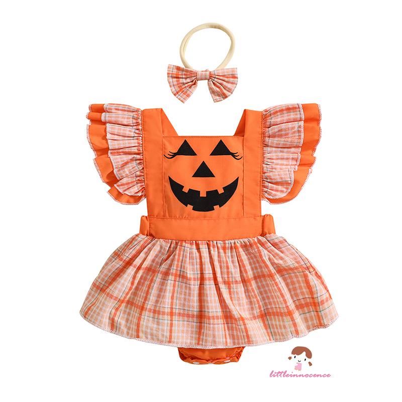 Bộ Đầm Liền Thân Tay Bèo Họa Tiết Bí Ngô Kèm Băng Đô Phong Cách halloween Cho Bé Gái