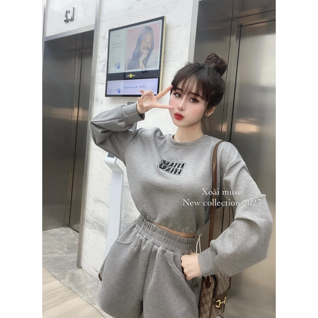 Sét áo cortop tay dài mix quần đùi chữ đá nổi sịn đét TN655CCC
