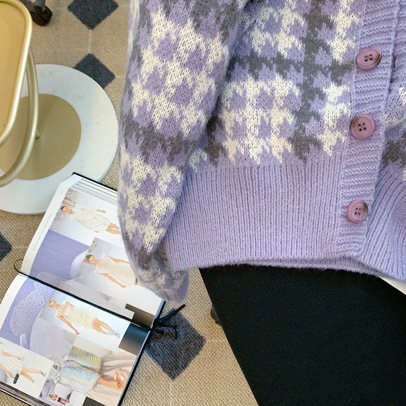 Áo Khoác cardigan Dệt Kim Họa Tiết houndstooth Màu Tím Xinh Xắn Cho Nữ