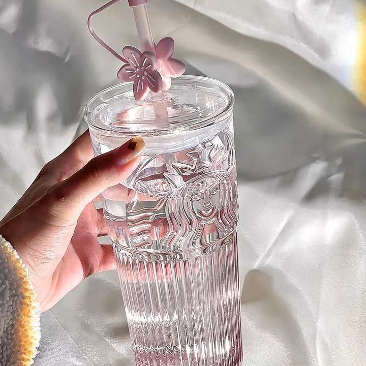 Starbucks Bình Nước Thủy Tinh 550ml Họa Tiết Hoa Anh Đào Kèm Ống Hút Tiện Dụng
