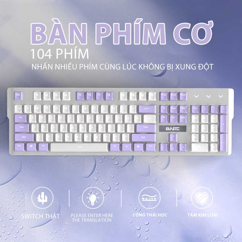 Bàn Phím Cơ Gaming Basic KB3 Luxury Cao Cấp 104 Phím Màu Hồng Có Dây/ Đèn LED Chống Nước Chơi Game Cho Máy Tính/laptop
