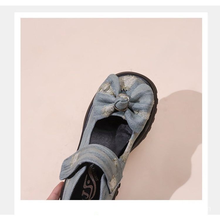 Giày Loafer denim Đế Dày Thắt Nơ Phong Cách Mới Mùa Thu 2023