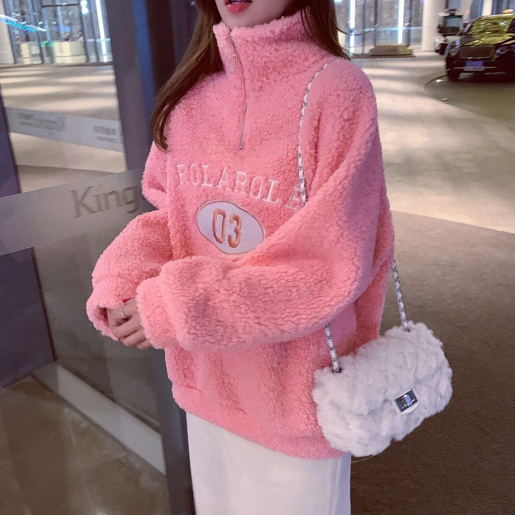 Áo sweatshirt Lông Cừu Dày Dặn Cổ Lọ Dáng Rộng Cỡ Lớn Thời Trang Thu Đông Cho Nữ