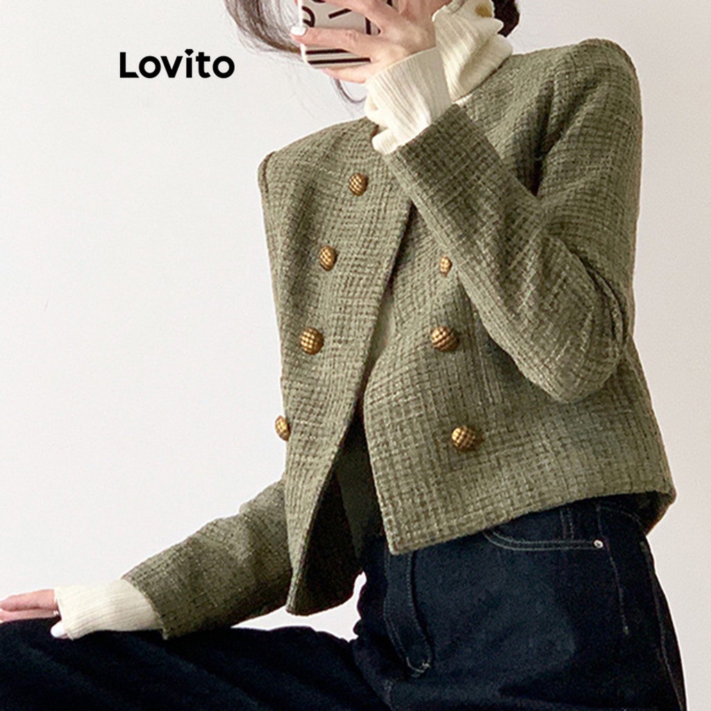 Áo blazer Lovito phối túi cài nút đôi màu trơn thường ngày cho nữ LNA16055