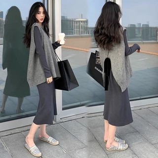 Set áo thun dài tay + đầm yếm dáng rộng thời trang cho mẹ bầu