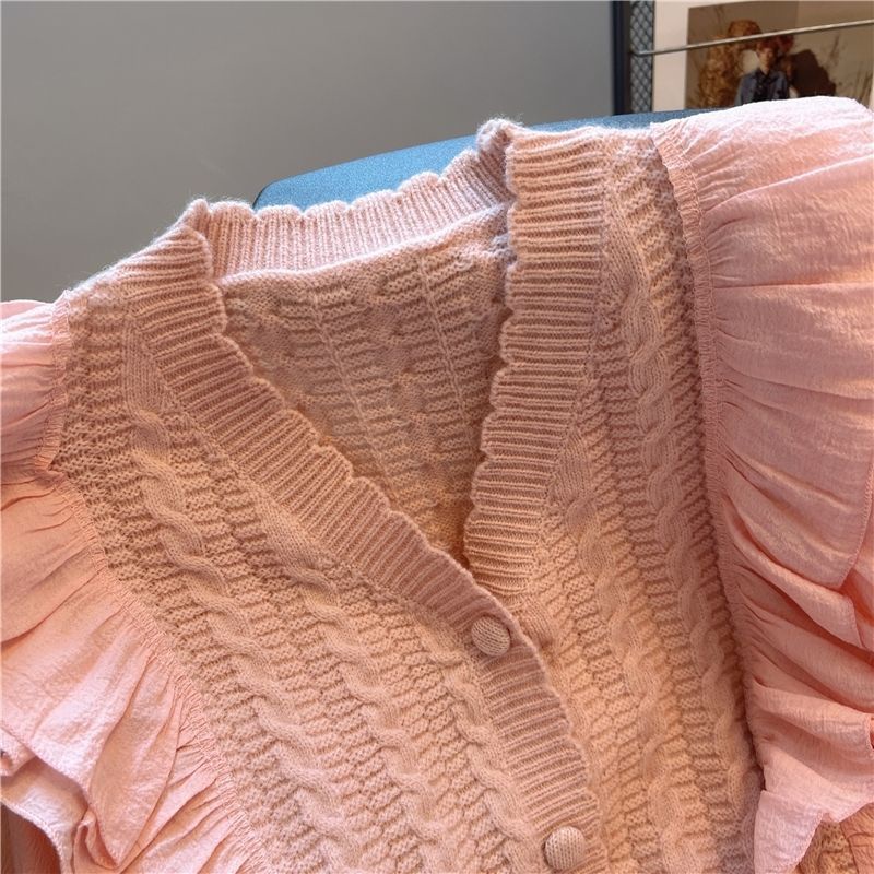 Áo Khoác cardigan Dệt Kim Phối Voan Nhún Bèo Ngọt Ngào Thời Trang Cao Cấp