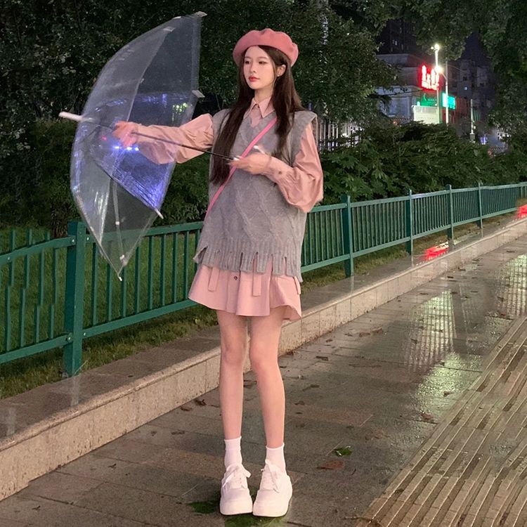 Set Áo Sơ Mi Tay Dài Kèm Váy Yếm Màu Xám Ngọt Ngào Nữ Tính