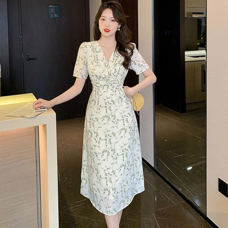 Đầm Voan Hoa Ngắn Tay Cổ Chữ v Thời Trang Mùa Hè