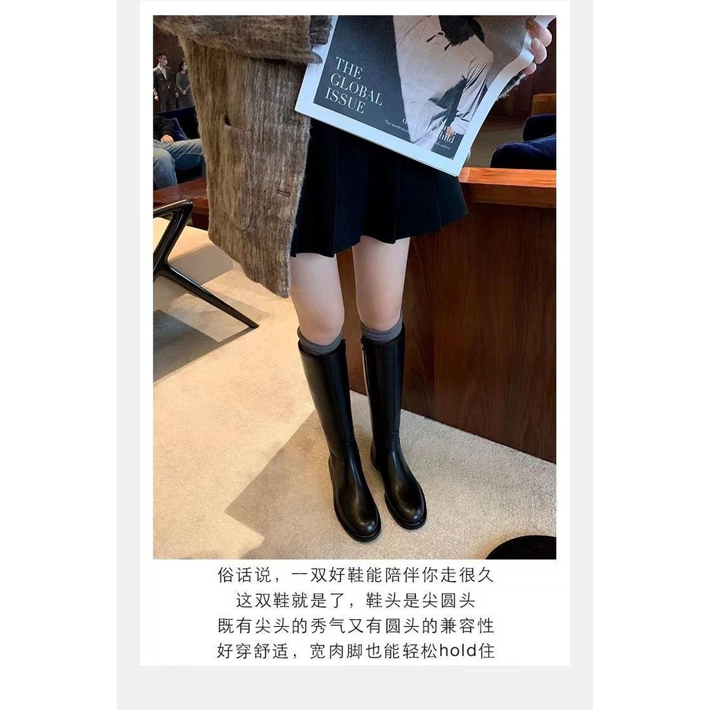 Grape mom sheii ~ Giày Bốt Da Thật Mũi Tròn Gót Thấp Phối Khóa Kéo Bên Hông Phong Cách Âu Mỹ Thời Trang Thu Đông 2023