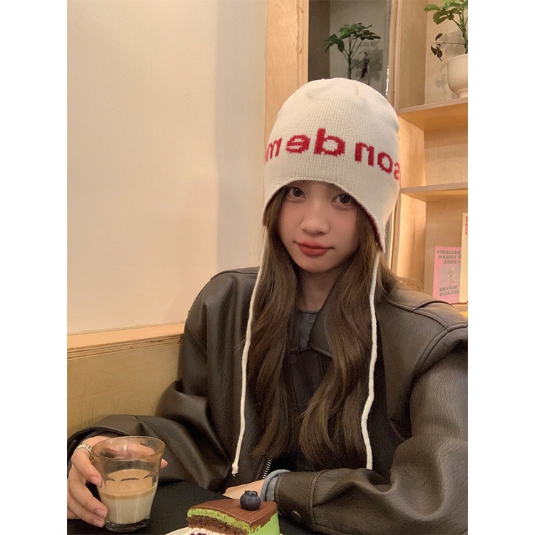 Niche Mũ Len Trùm Tai Giữ Ấm In Chữ Phong Cách Đường Phố Hàn Quốc Cho Cặp Đôi