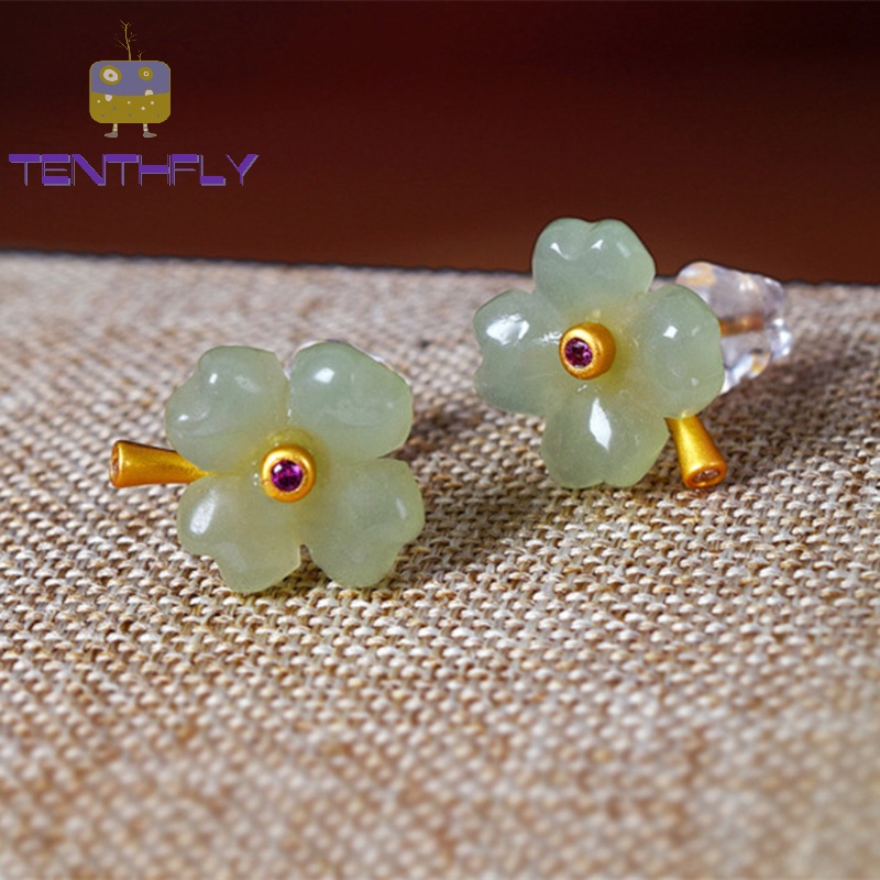 Bông Tai Hình Cỏ Bốn Lá May Mắn Đính Ngọc Bích Phong Cách retro