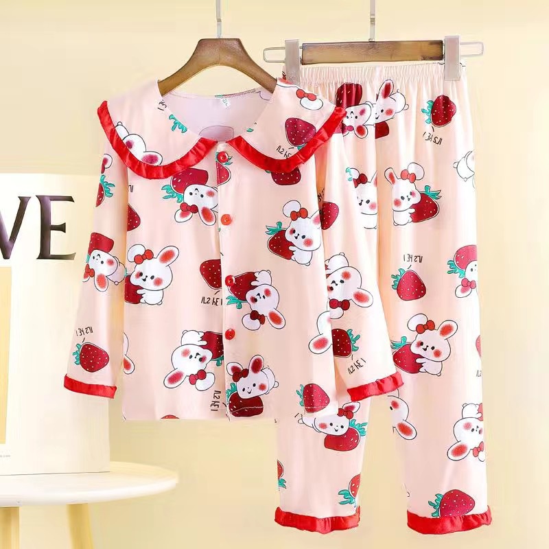 Bộ Đồ Ngủ 2 Món Gồm Áo Tay Dài Cổ Búp Bê Hoạt Hình + Quần Dài Cho Bé Gái