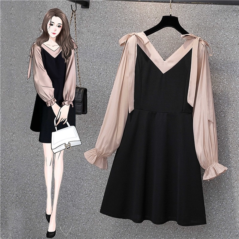 🌸Hàng Order🌸Váy Đầm Bigsize Kết Hợp Đen Hồng Độc Đáo Thắt Nơ Vai Dịu Dàng Nữ Tính🌸Hàng Quảng Châu