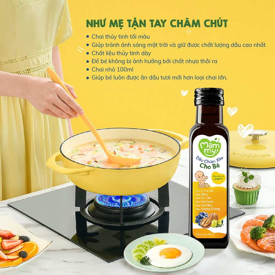 Dầu Chiên Xào Mămmy Cho Bé Chịu Nhiệt Tới 200°C, giữ trọn vẹn dinh dưỡng, bổ sung Omega-3, Vitamin E - Chai 100ml