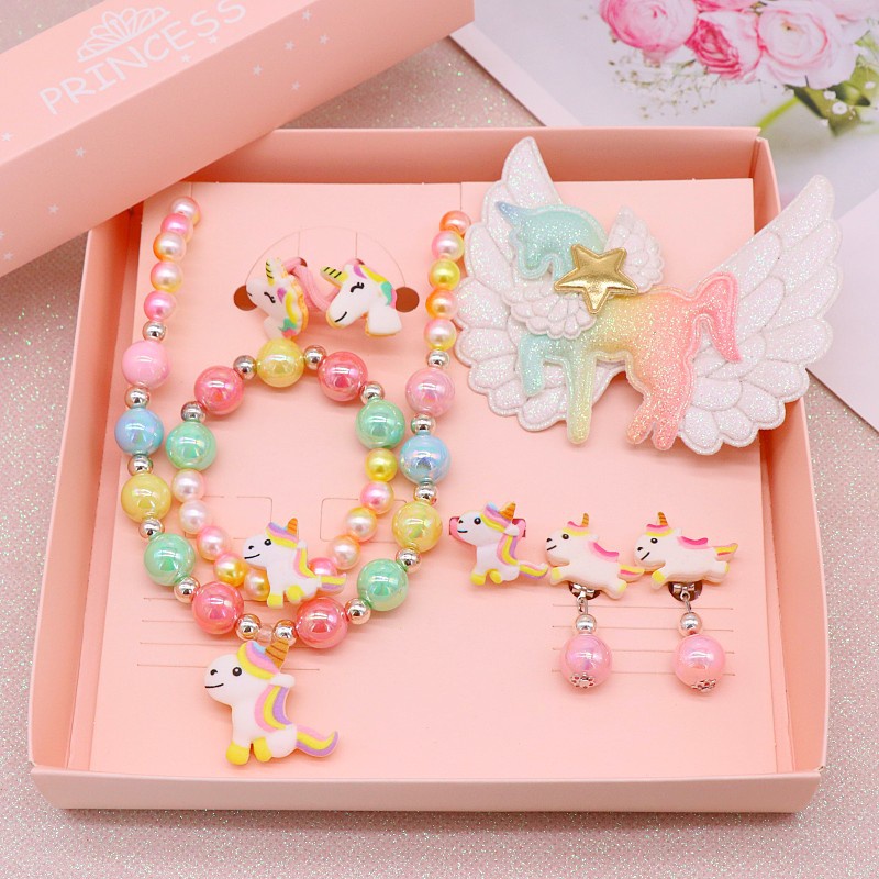 Bộ Trang Sức 8 Món Họa Tiết Kỳ Lân Cầu Vồng Hoạt Hình Dễ Thương Cho Bé Gái