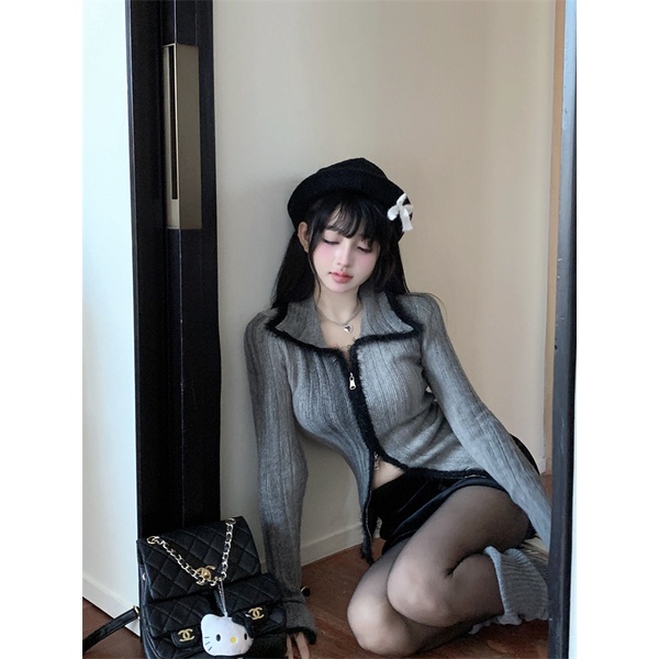 Áo len màu xám gradient nữ mùa thu đông mới dày mới áo len cardigan cổ áo Polo áo lông thú