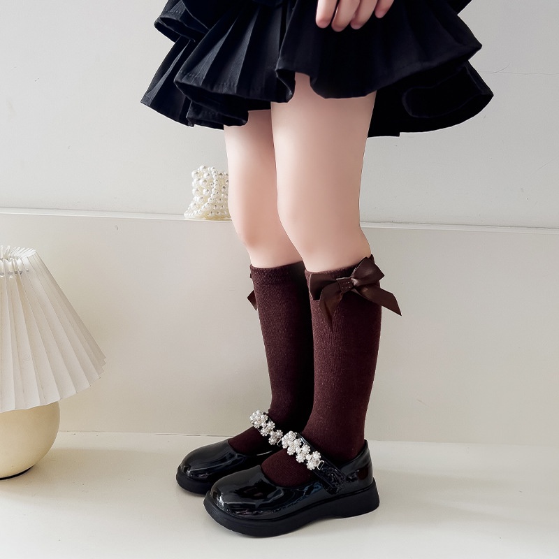 Vớ cotton Cổ Vừa Màu Trơn Đính Nơ Phong Cách Công Chúa Hàn Quốc Thời Trang Mùa Thu Cho Bé Gái