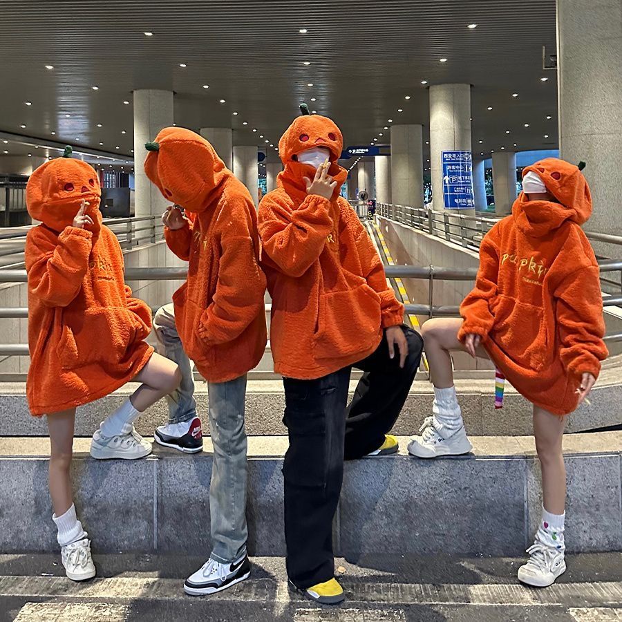 Dễ Thương Áo hoodie Lông Cừu Dày Dáng Rộng In Hình Quả Bí Ngô halloween 2023 p17