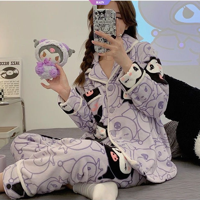 Bộ Đồ Ngủ Lông Cừu San Hô Dày Dặn Ấm Áp Tay Dài Thêu Họa Tiết Hoạt Hình sanrio kuromi Phong Cách Hàn Quốc Cho Nữ