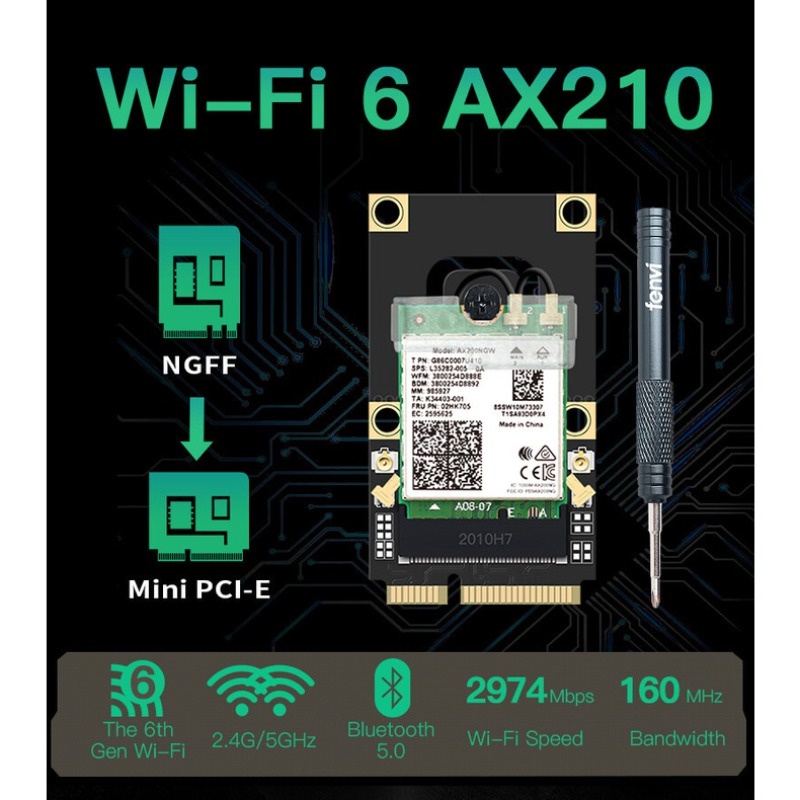 Thẻ wifi Không Dây mini pci-e wi-fi 6 adapter intel ax210 3000mbps bluetooth 5.0 802.11A / ac 2.4g / 5g 160mhz