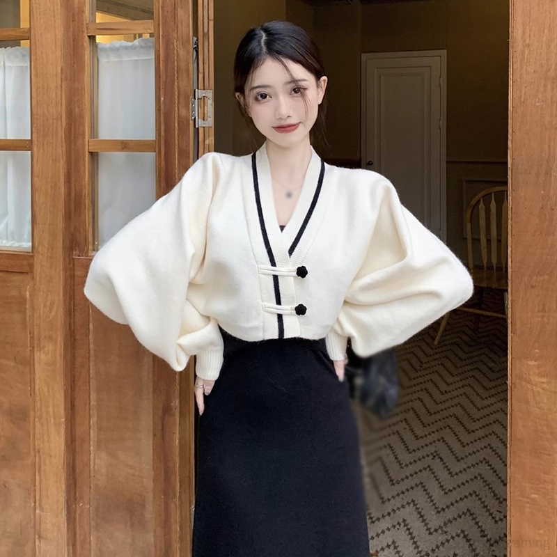 Áo Khoác cardigan Dệt Kim Tay Dài Cổ Chữ v Dáng Rộng Phong Cách Trung Hoa Ngọt Ngào Dành Cho Nữ