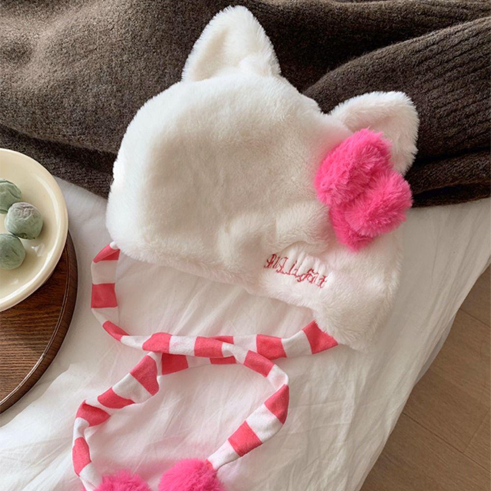 Mũ Trùm Đầu Vải Bông Dày Ấm Áp Hình Mèo kitty Màu Hồng Bảo Vệ Tai