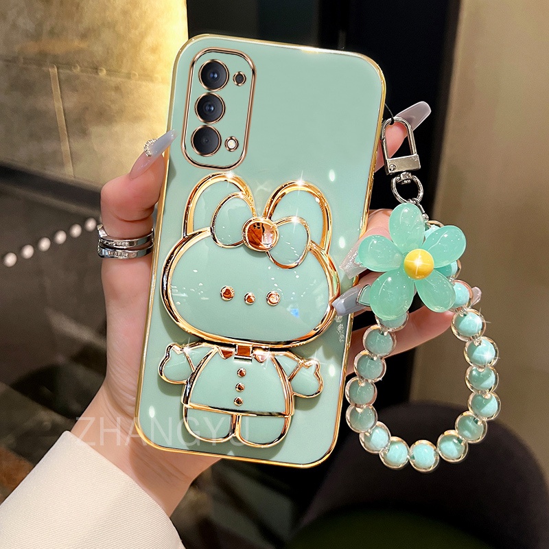 ốp lưng OPPO Reno 4 4g reno 5 Reno 4 pro Reno 5 pro plus Ốp Điện Thoại Silicone TPU mạ điện 3D thỏ đứng với vòng đeo tay dây buộc Trường hợp điện thoại chống sốc OPPO Reno 4 4g reno 5 Reno 4 pro Reno 5 pro plus