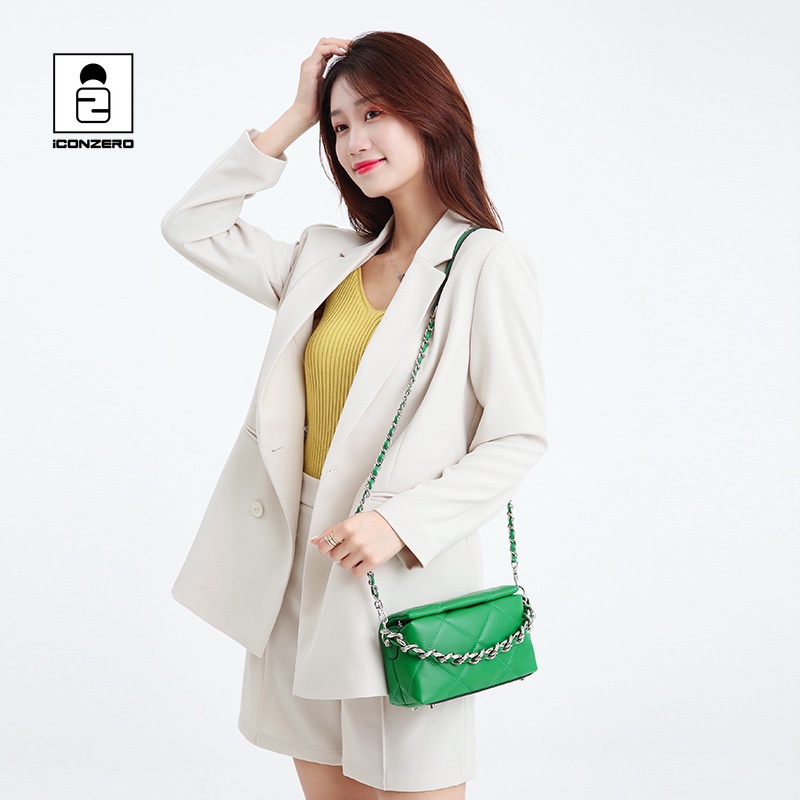 Iconzero Nữ Dây Xích Thời Trang Đeo Vai Túi Nhỏ Mini Đeo Chéo Kim Cương Túi Da Thật Cao Cấp Túi Vuông Nhỏ