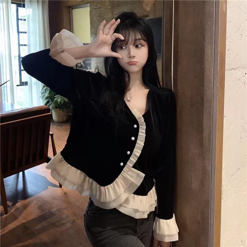 Áo Sơ Mi Nhung Phối Ren Bèo Phong Cách vintage