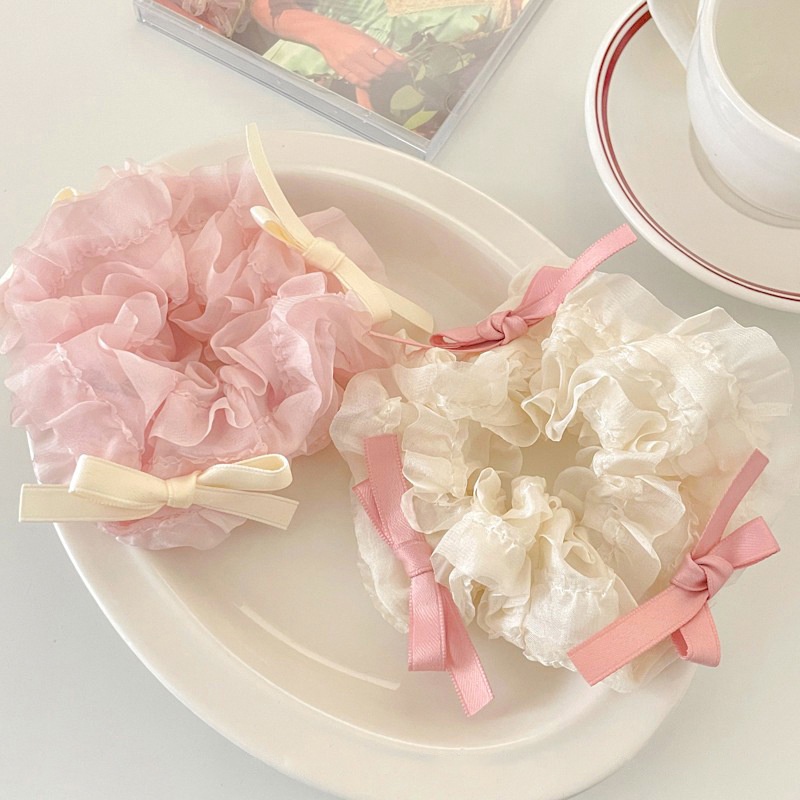 Cột tóc srunchies nơ ren bèo nhún hồng be ngọt ngào S06