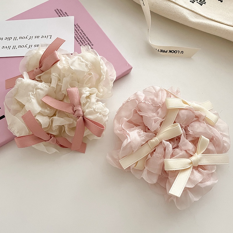 Cột tóc srunchies nơ ren bèo nhún hồng be ngọt ngào S06