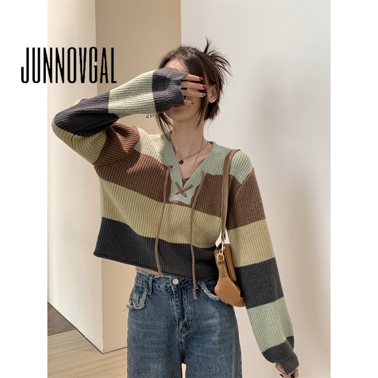 Junnovgal Áo Sweater Cổ Chữ v Tay Dài Dáng Ôm Phối Màu Tương Phản Thời Trang 2023