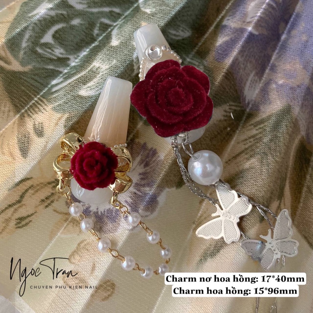 Charm Hoa Hồng Tua Rua Ngọc Trai Đỏ Cao Cấp | Trang Trí Móng Tay